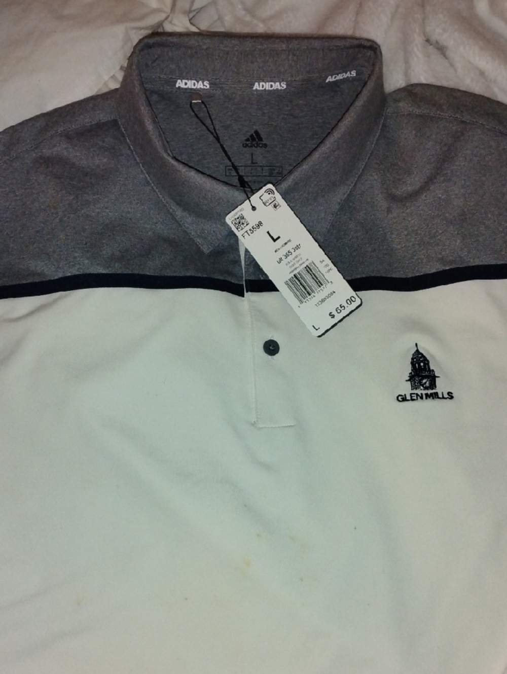 Adidas White and Gray Glen Mills Embroidered Polo  Golf Shirt
